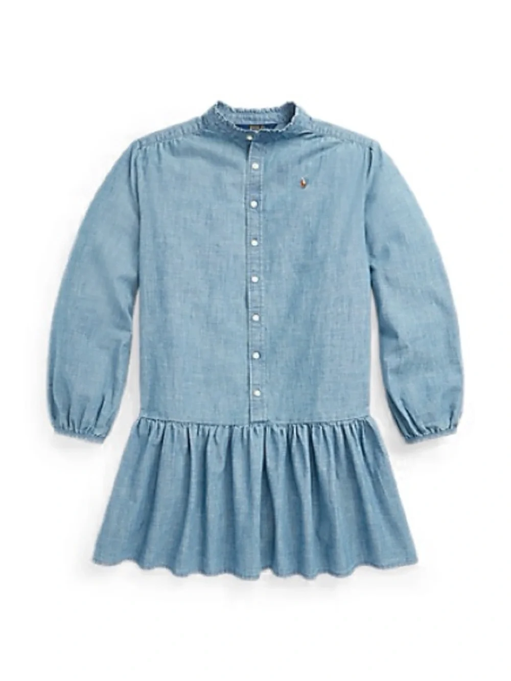 Ralph Lauren Polo Light Blue Chambray Denim Ruffle Hem Drop Waist Dress